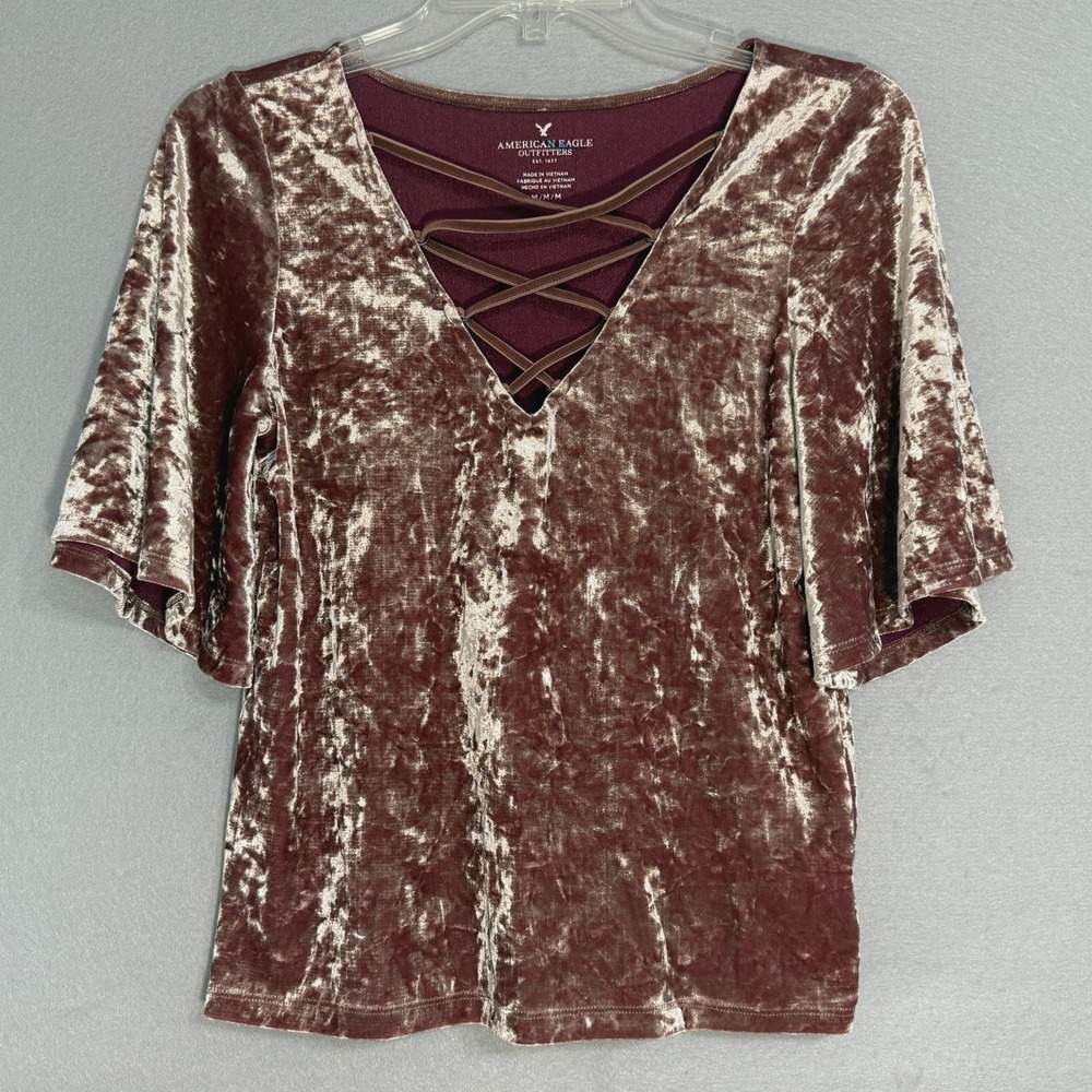 American Eagle Lace Up Crushed Velvet Top Womens Size M Burgundy Y2K Boho Goth